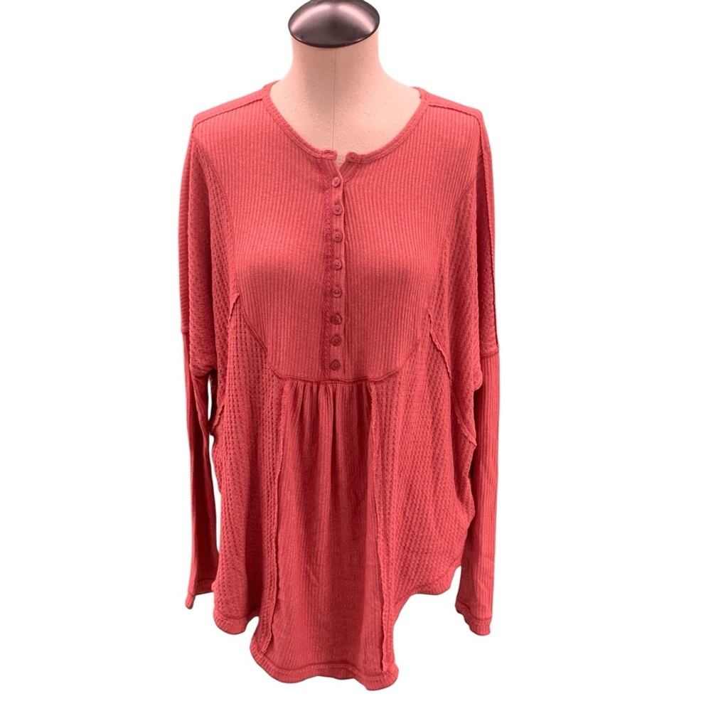 FREE PEOPLE Oversized Waffle Knit Henley Coral Boho Top Size S